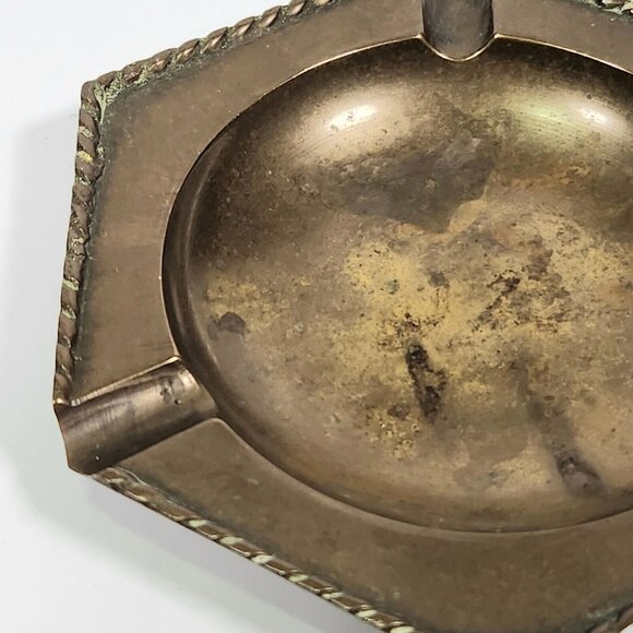 Vintage Solid Brass Ashtray Trinket Coin Tray Dish Retro Decor Rope India Patina - Picture 7 of 12